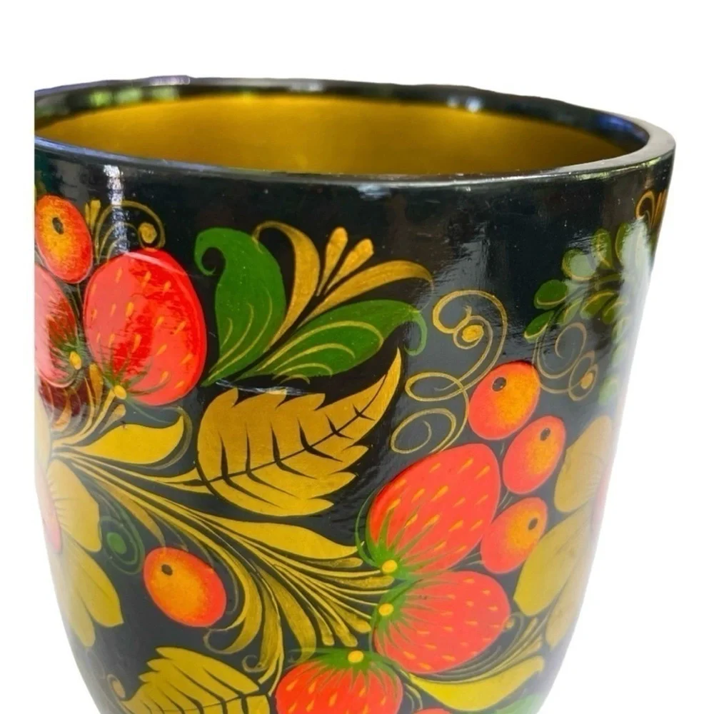 Vintage Russian Khokhloma Hand Painted Wood Floral Vase Folk Art